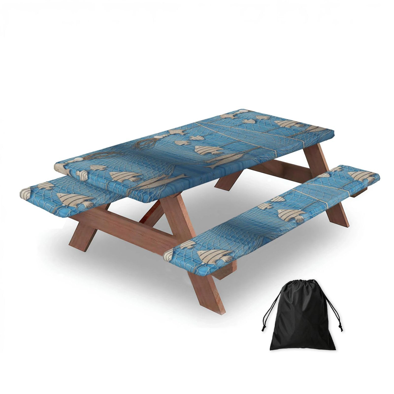ESNAIUVCD Fishing Nets Print Picnic Table Cover With Bench Covers,Camping Essentials,Fitted Tablecloth Cover With Elastic Edge, For Indoor & Outdoor 3 Pcs