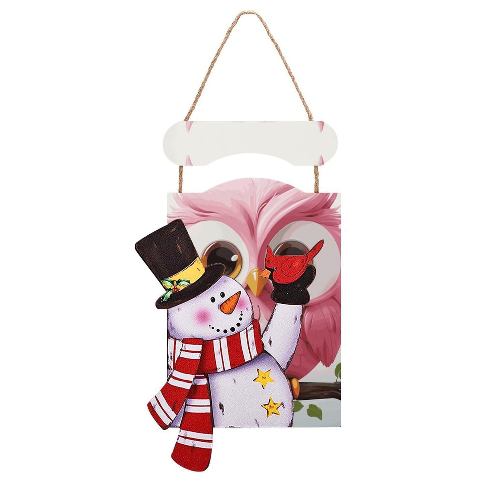 A Pink Owl Snowman Sign Wooden Hanging Door Sign Christmas Door Decor Christmas Snowman Wooden Hanging Sign Wall Art for Indoor Outdoor Porch Wall