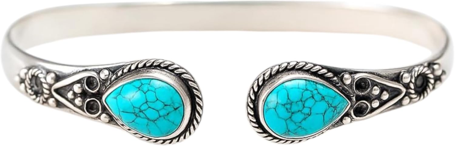 Double Turquoise Bangle 925 Sterling Silver Adjustable Bangle For Women December Birthstone Natural Pear Gemstone Handmade Bracelet