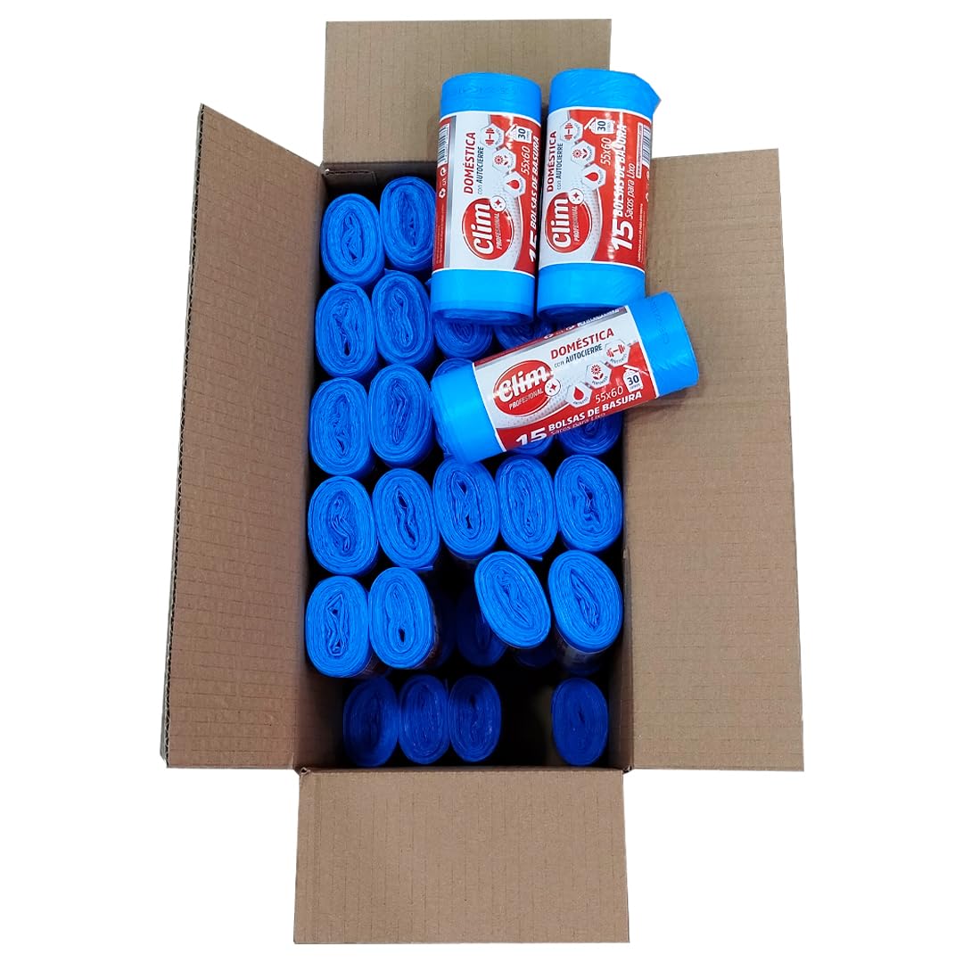 Clim Profesional 840 Bolsas de Basura Perfumadas con Autocierre para Cubo Doméstico de 30 litros. Rollo 15 uds. Caja con 56 rollos 55x60 cm
