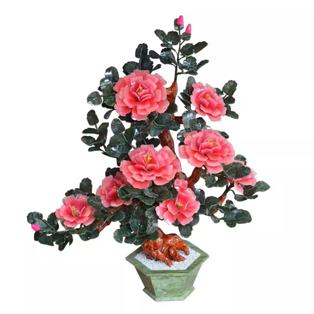 WDSOPK Artificial Plants Indoor Living room jade crafts flower stand tea table decoration porch decoration jade carving peony flower bonsai Plants Decor