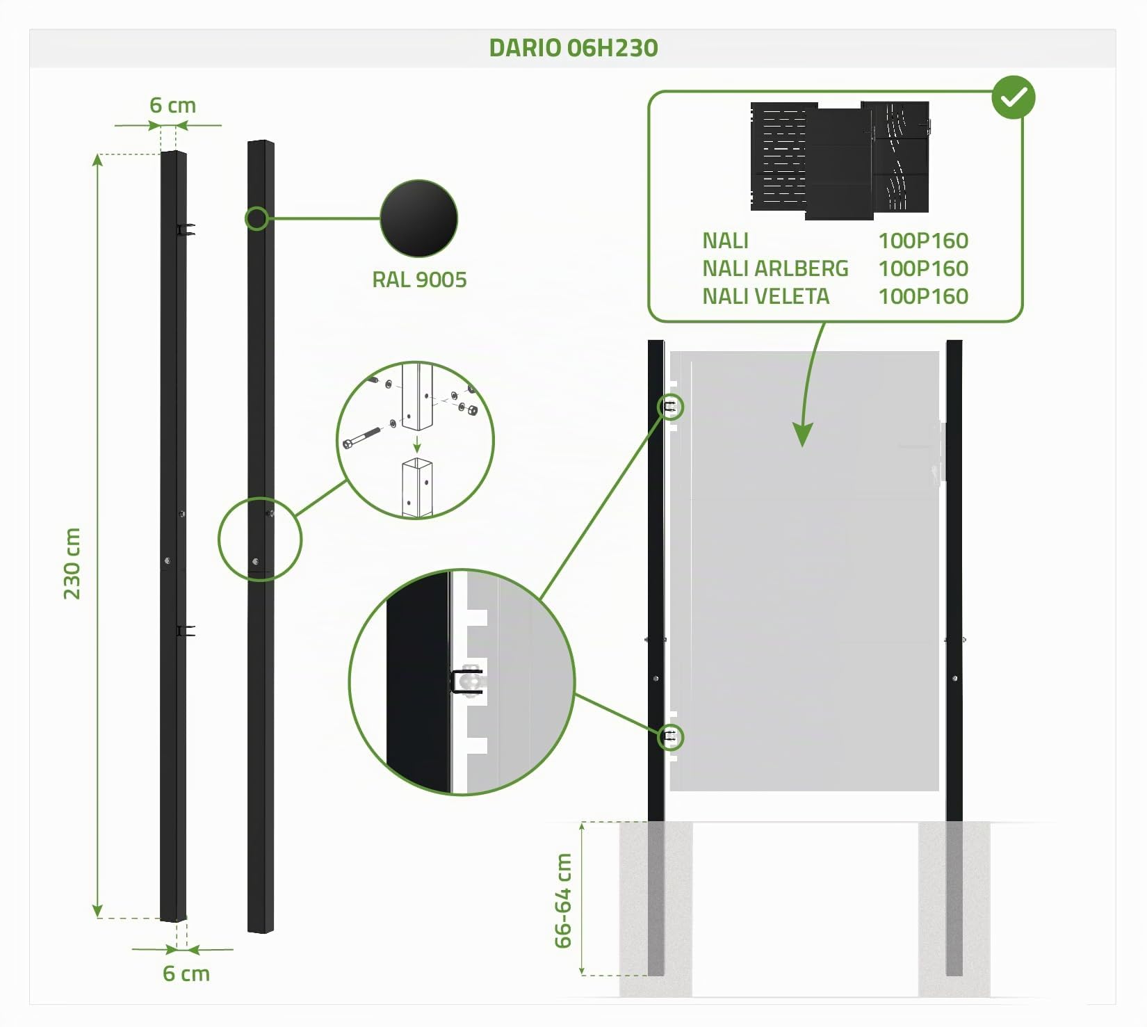 Portillon acier 1M NALI H.160cm Noir mat + 2 poteaux acier DARIO