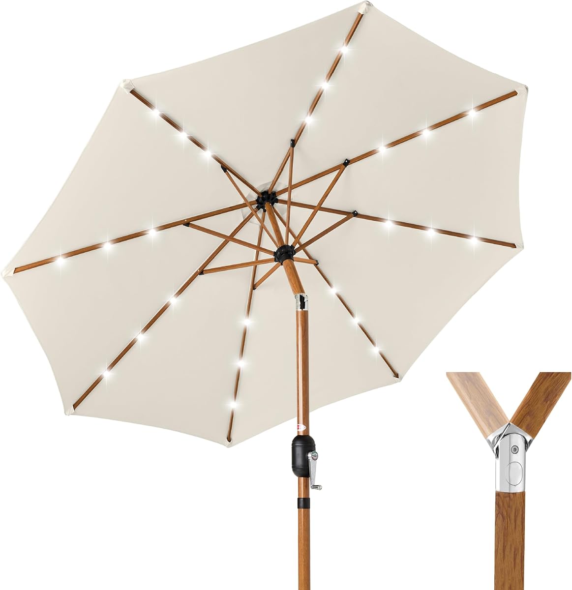 Best Choice Products 10ft Solar Market Patio Umbrella w/Woodgrain Pattern Pole, LED Lights, Tilt & Crank - Outdoor Sun Shade for Backyard Table, Deck, Poolside - Ivory