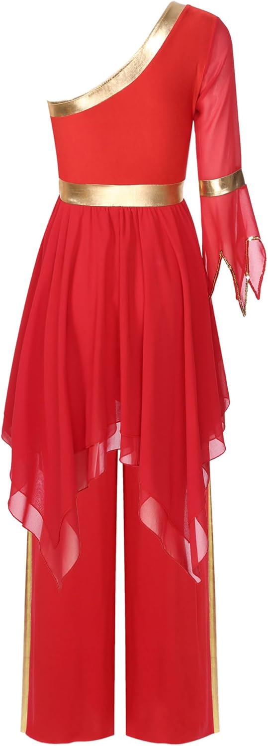 YEAHDOR Women's Worship Praise Dance Outfits Flared Sleeve Dance Dress and Wide-leg Pants 2 Piece Set