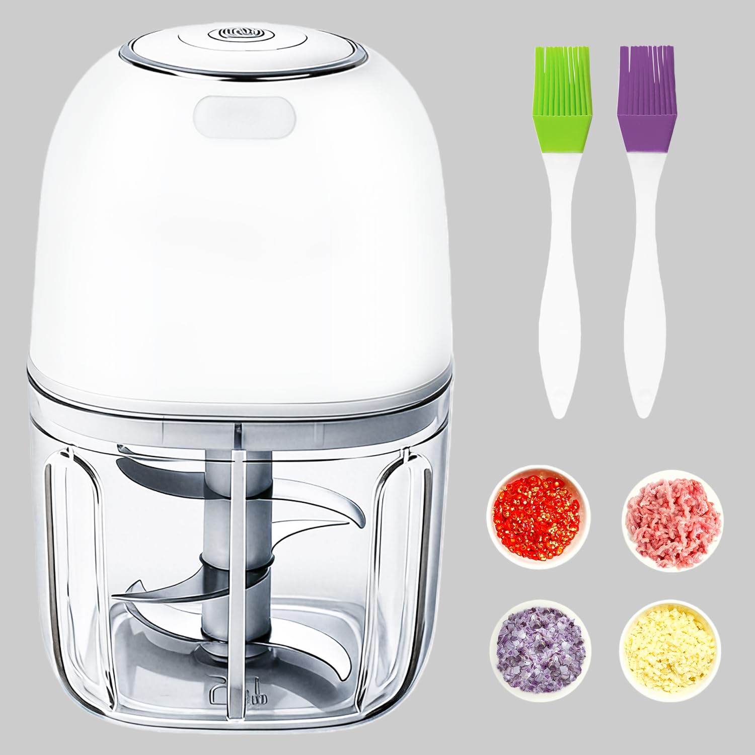 Frullatore Tritatutto da Cucina Elettrico Multifunzione, 350ml Mini Frullatore Portatile Senza Fili, USB Ricaricabile, 6 Lame, Tritura, Taglia e Affetta, per Carne Verdure Frutta,Bianco