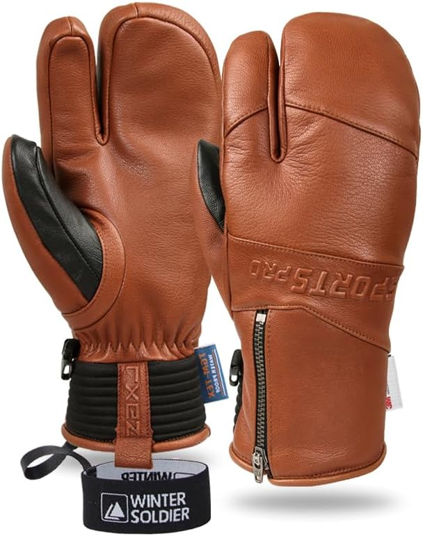 Harssidanzar Men Women Winter three Fingers Ski Mittens Goatskin Thermal Waterproof Snowboarding Gloves KM064US,Brown, Size XL