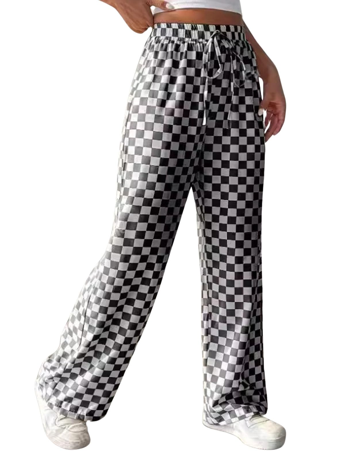 Womens Casual Checkered Pants Elastic Waist Drawstring Comfy Loose Wide Leg Pants
