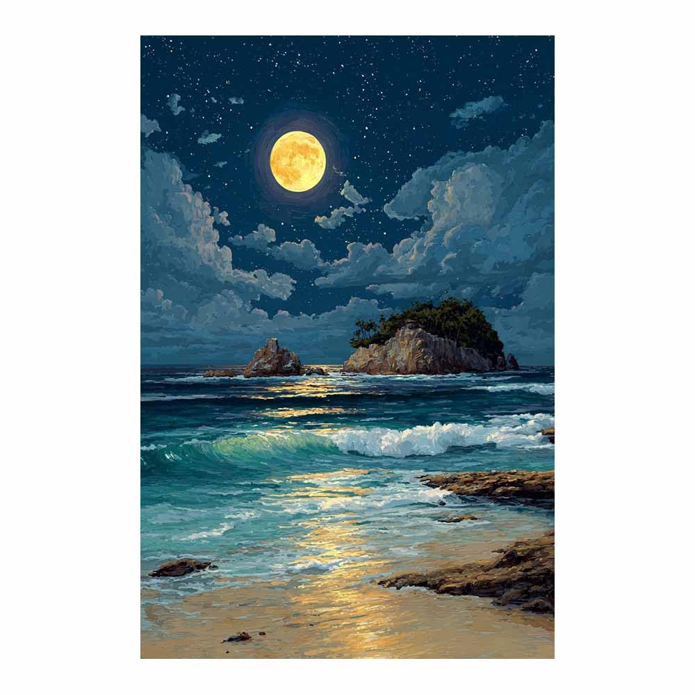 HOQIU Vintage wall art Moonlit Tropical Beaches decorative painting, wall art, for Living Room Bathroom Bedroom Kitchen Decoration.(Multicolor)-30x40cm Unframed