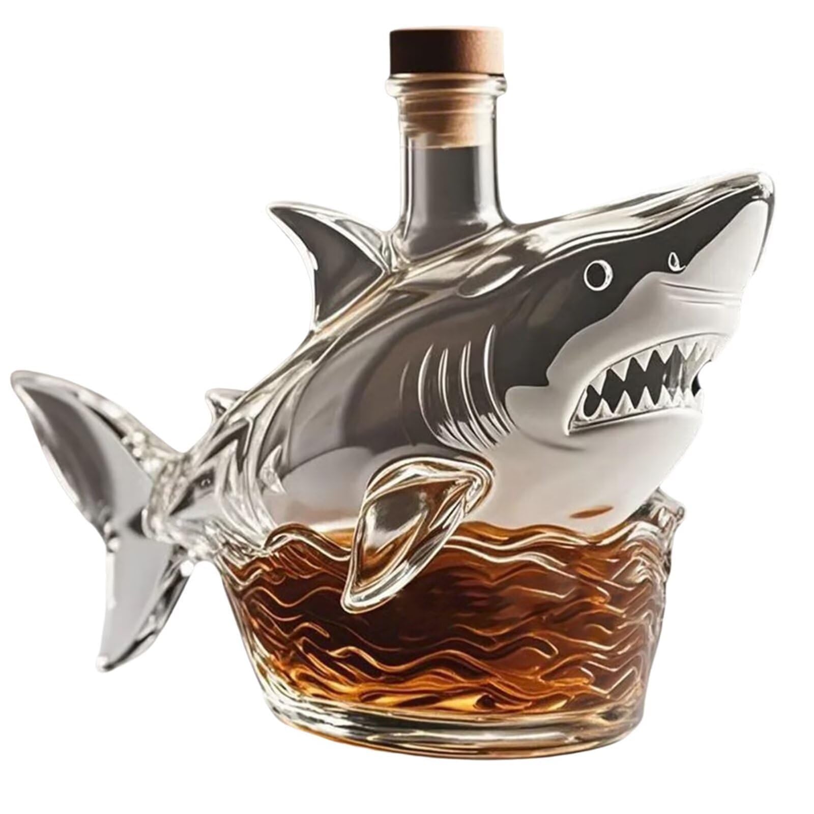 300 ml Karafka do whisky - rzeźba artystyczna, karafka do wina i whisky 3D w kształcie rekina, ręcznie dmuchana szklana rzeźba, odporny na wyciek dekoracyjny prezent (shark+4 kubki)