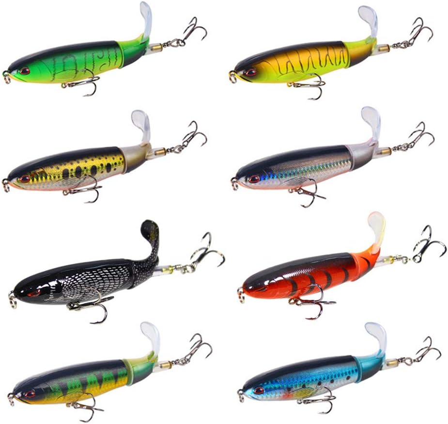 Nuguri Topwater Fishing Lures Set 8PCS Plopper Bass Lures with Floating Rotating Tail Artificial Hard Bait Swimbaits Slow Sinking Hard Lure Fishing Tackle Kits