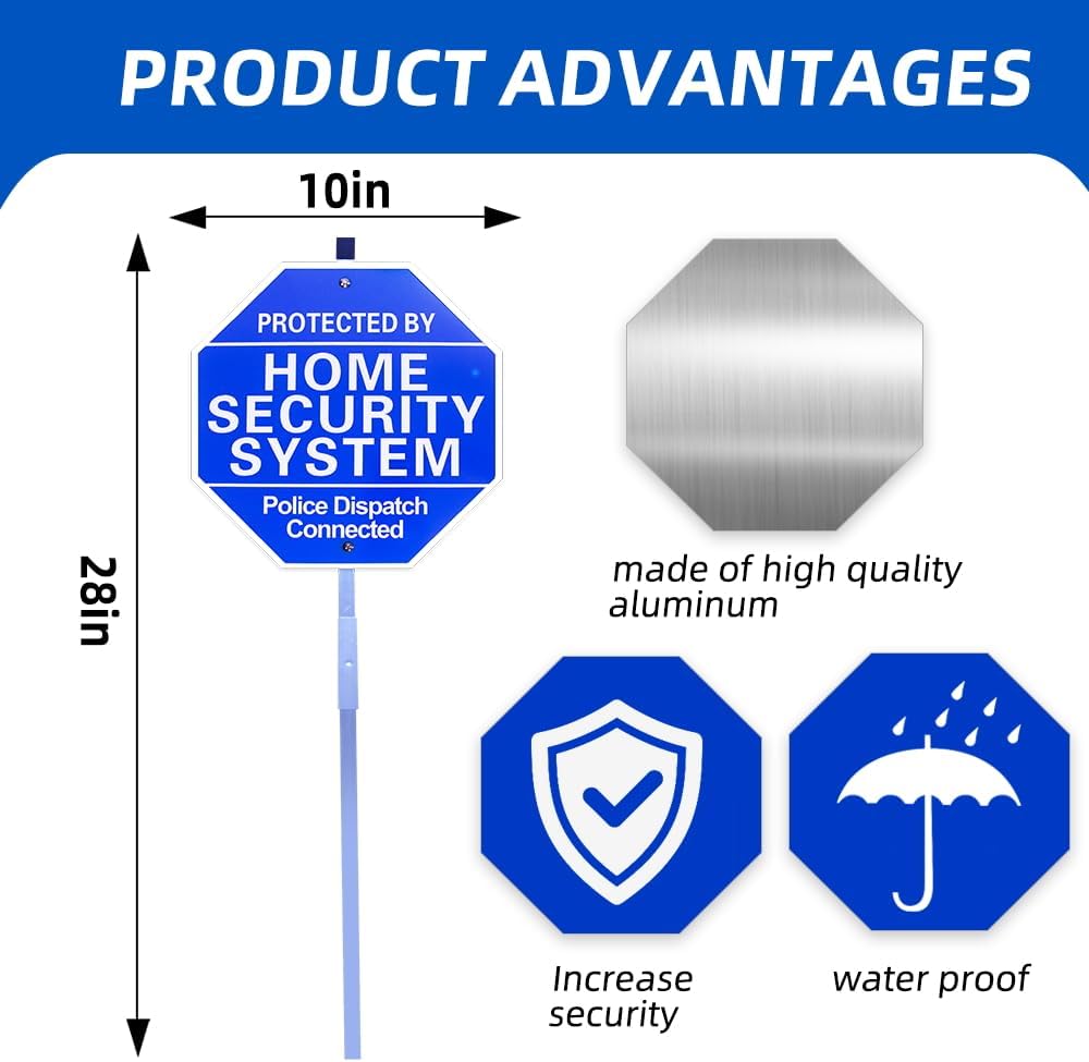 2PCS-Home Security Signs for Yard,Protected By Home Security System Signs for Yard - 10"x 28"Police Dispatch Connected Warning Sign with Ground Stake - 100% Aluminum Composite-UVProtected