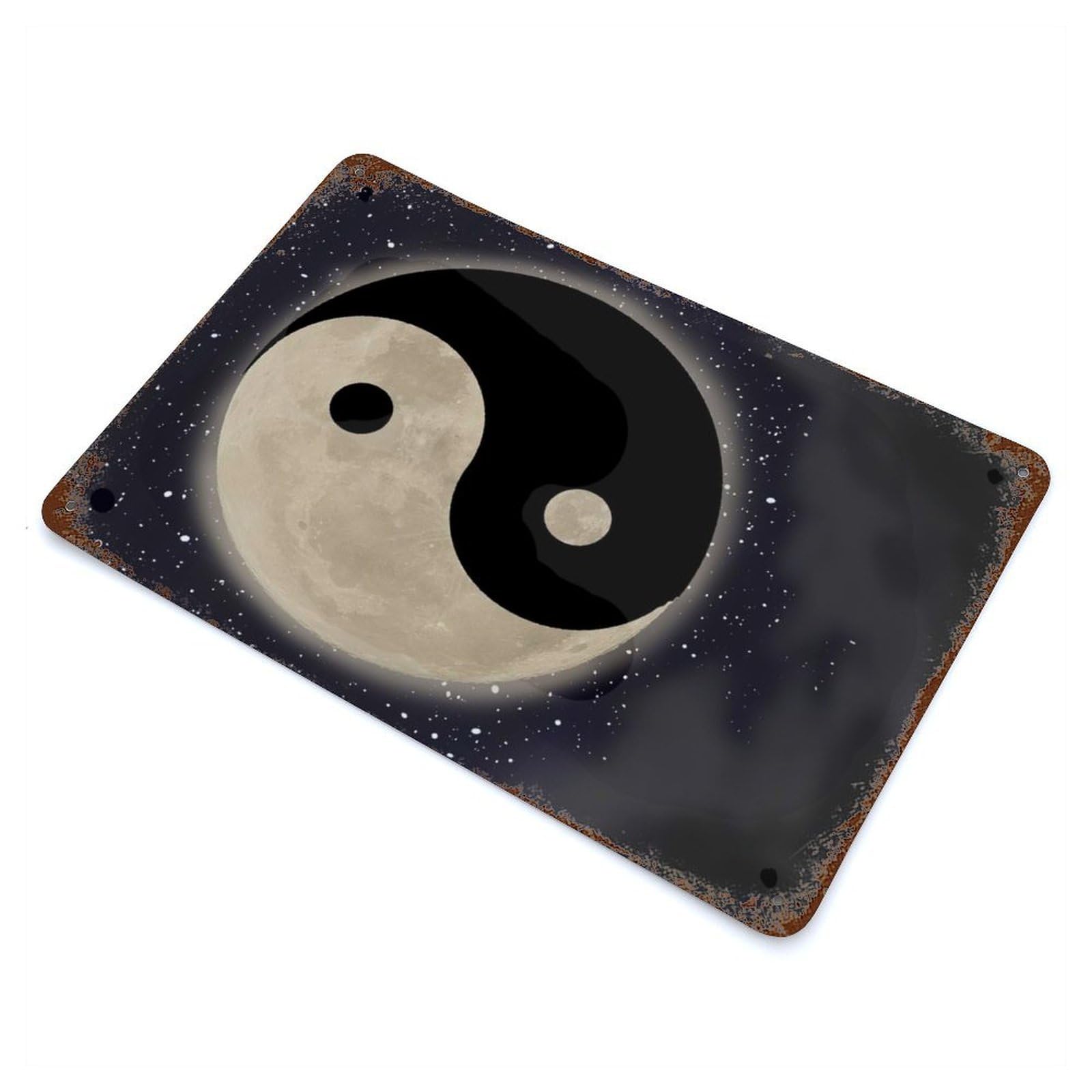 Yin Yang Shape Moon Vintage Wall Sign 11.8"x7.9", Rust Effect Metal Decor for Living Room, Hallway And Home Decor