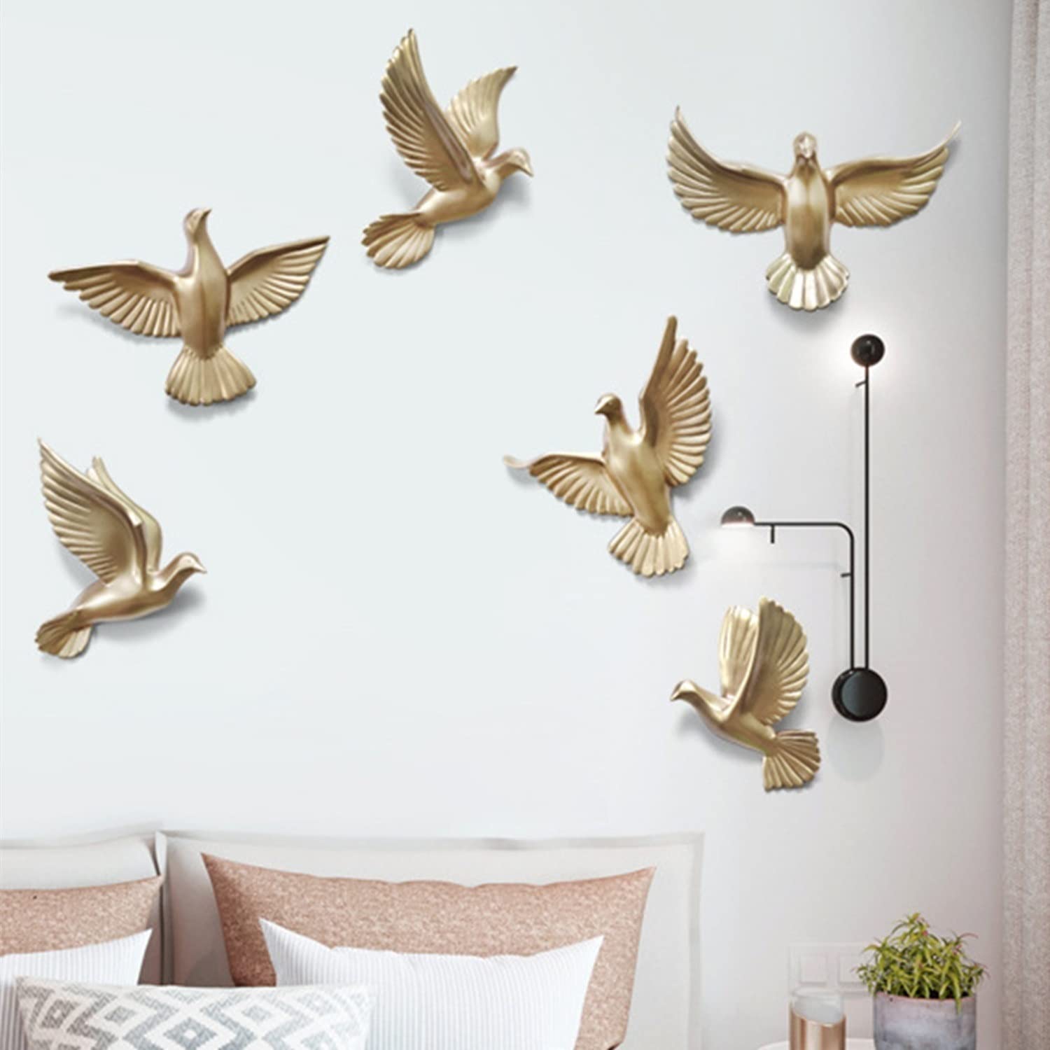 CunTo 6Pack Peace Pigeon Wall Décor, 3D Flying Birds Gold Wall Art Décor Sculptures, Indoor Doves Hanging Ornament for Home Living Room Dining room