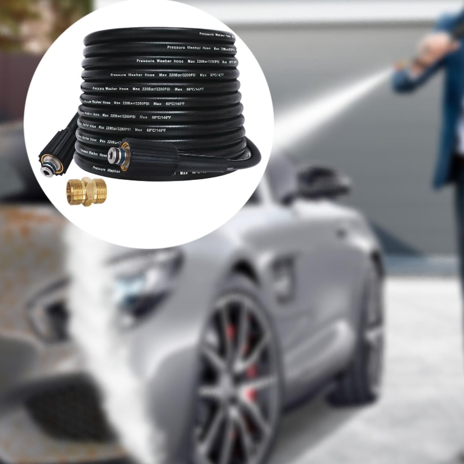 Manguera para hidrolavadora de 3200 PSI con Conector rápido de Rosca Hembra M22 Incluido. La Manguera y el acoplador de extensión están Fabricados, 15m