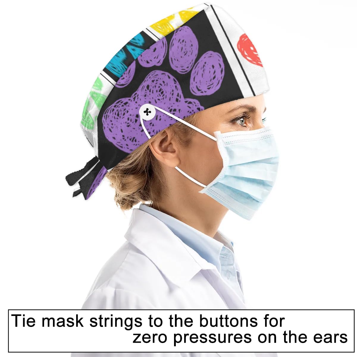 Mularoka Painted Grid Dog Paw Prints Working Caps with Button Sweatband Comfortable Adjustable Bouffant Hats Work Hat for Women Men