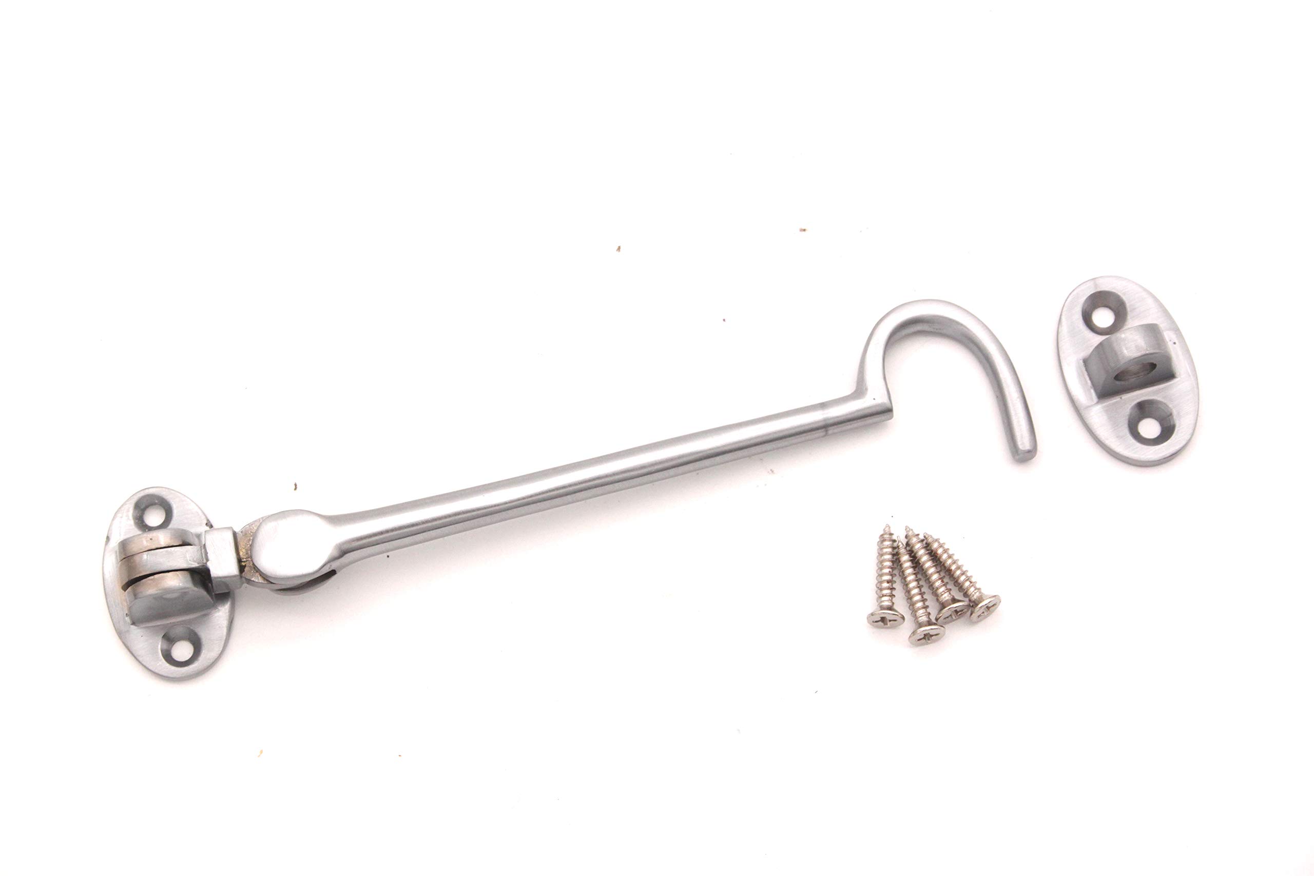 6" Brass Cabin Hook & Eye Silent Catch/Latch/Holder/Back Gate/Shed/Patio Door (Satin Chrome) — image 1
