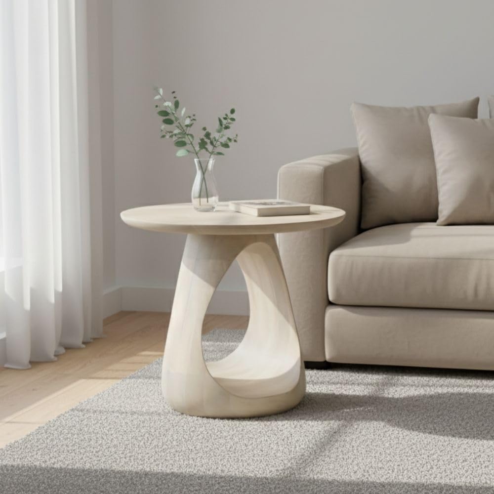 furniture solid wood designer side table | modern sculptural hollow base end table | round accent coffee table for living room, bedroom & sofa side | light finish wooden table