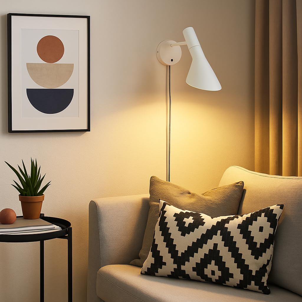 B·LED BARCELONA LED BarcelonaLED Aplique de Pared con Cable Enchufe e Interruptor Lámpara de Lectura Diseño Elegante Moderno Nórdico Orientable Blanco para Dormitorio Casquillo E27