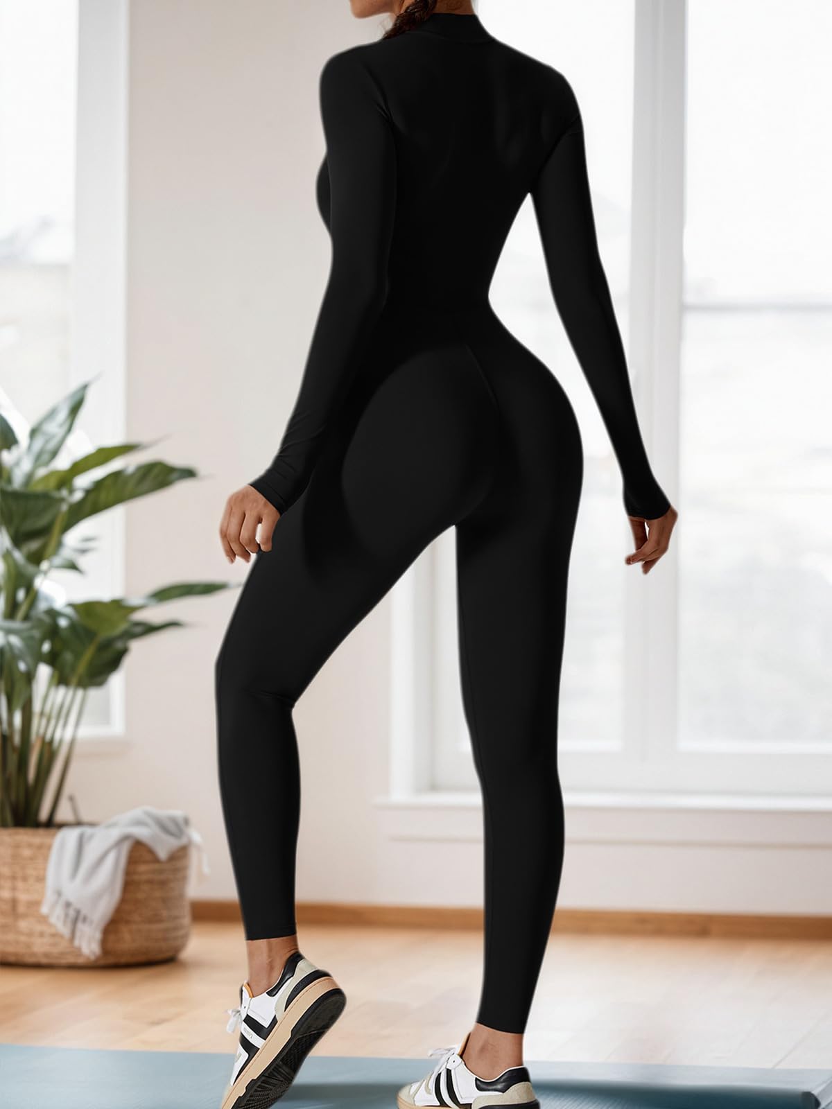 Ecupper Jumpsuits Damen Yoga Bodycon Einteiler Zip Up Overall Rompers Langärmelig Workout Outfit