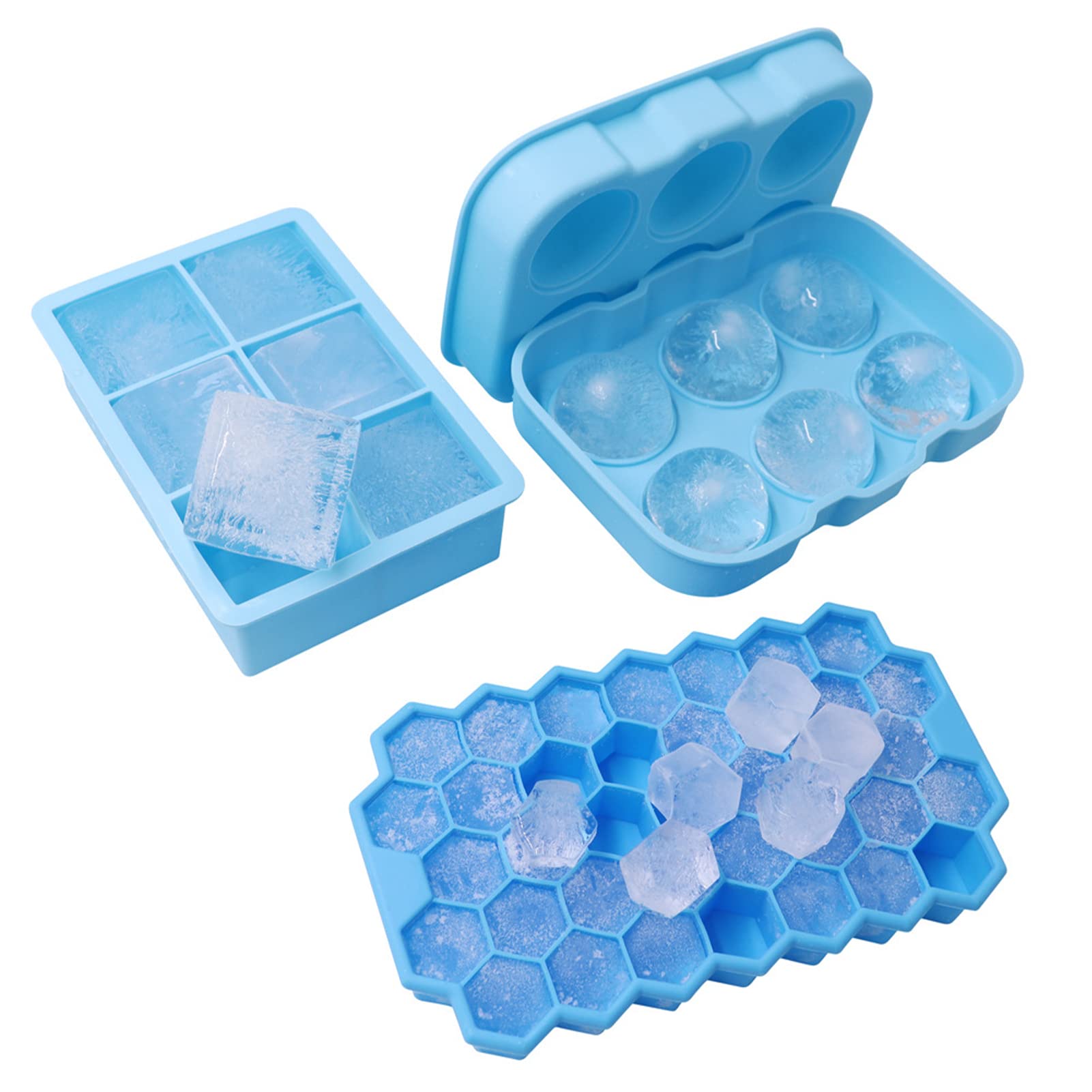 VAODO Ice Cube Tray Set of 3, Press to Release the Ice, Food Grade Silicone Ice Cube Maker for Hockey, Cocktail, Coffee, Whiskey, Champagne, Beer, Juice
