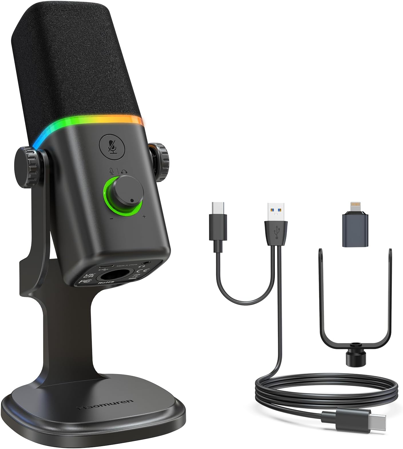 MAONO Dynamische gamingmicrofoon met boomarm: XLR/USB Podcast-microfoon met software, dempknop