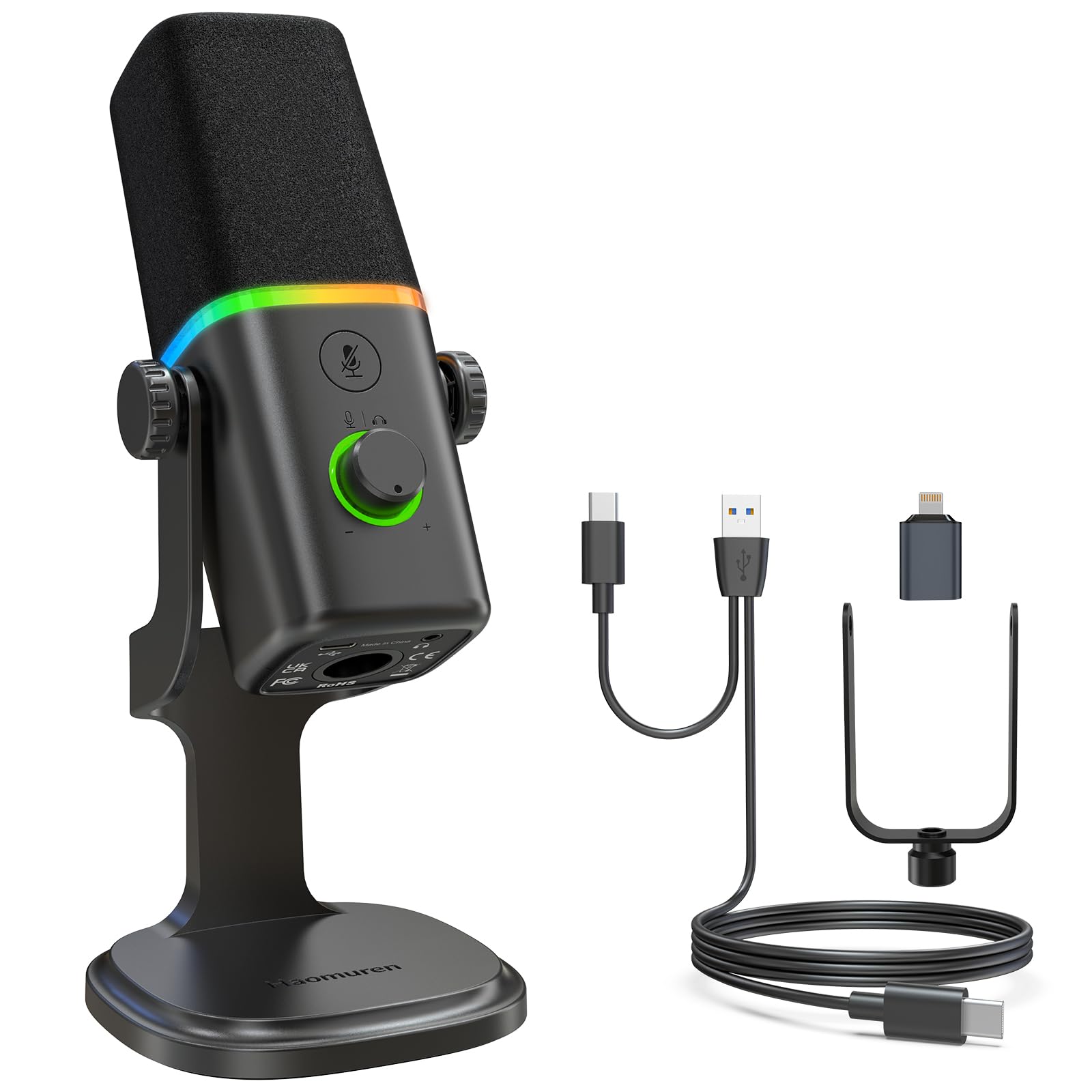 Haomuren Dynamisches Mikrofon XLR/USB für Gaming-Podcast, für *Phone,Telefon,PC,Gaming-Streaming-Mikrofon mit RGB-Licht, Stummschalttaste, Mikrofonverstärkung, Desktop-Ständer, Singen, YouTube
