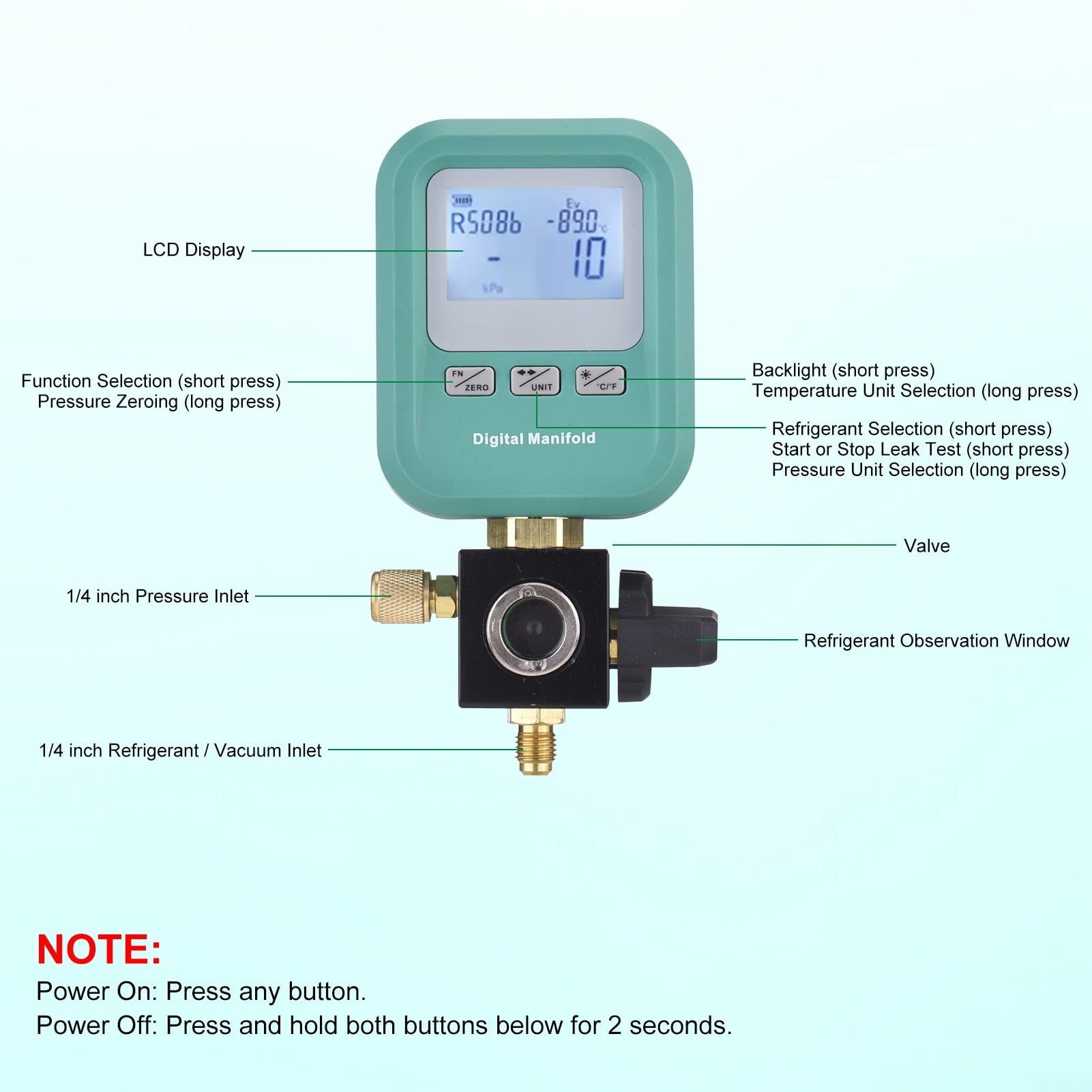 Digitales Manometer DY519 zur Reparatur von Klimaanlagen, unterstützt R134A R290 R600a mit Vakuum-Lecktestfunktion