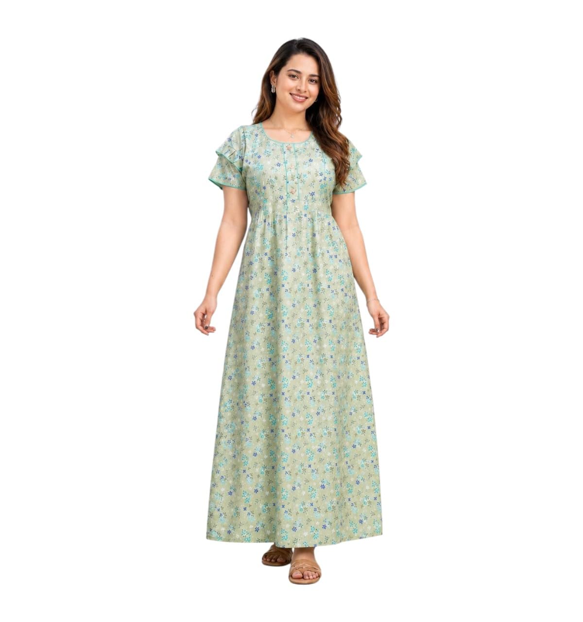 petgen z Women's Pure Cotton Maxi Nighty, Jaipuri Floral Print, Frock Style with Ruffle Sleeves, Side Pocket and Attached Belt-picture-40