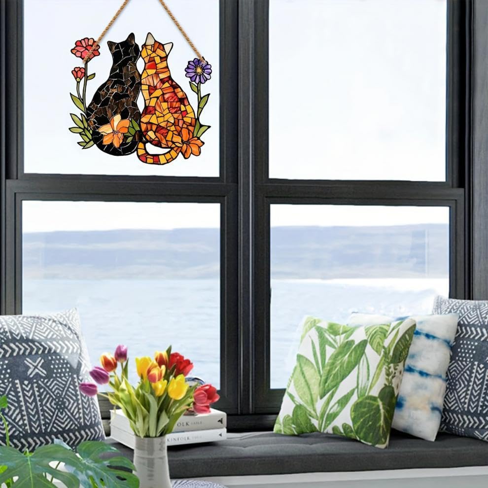 Friendship Cats Stained Window Hanging Ornament, Garden Cats Stained Acrylic Double-Sided Printed Window Panel, Great Gift for Mom Grandma and Animal Lover for Birthday Mother's Day or Housewarming