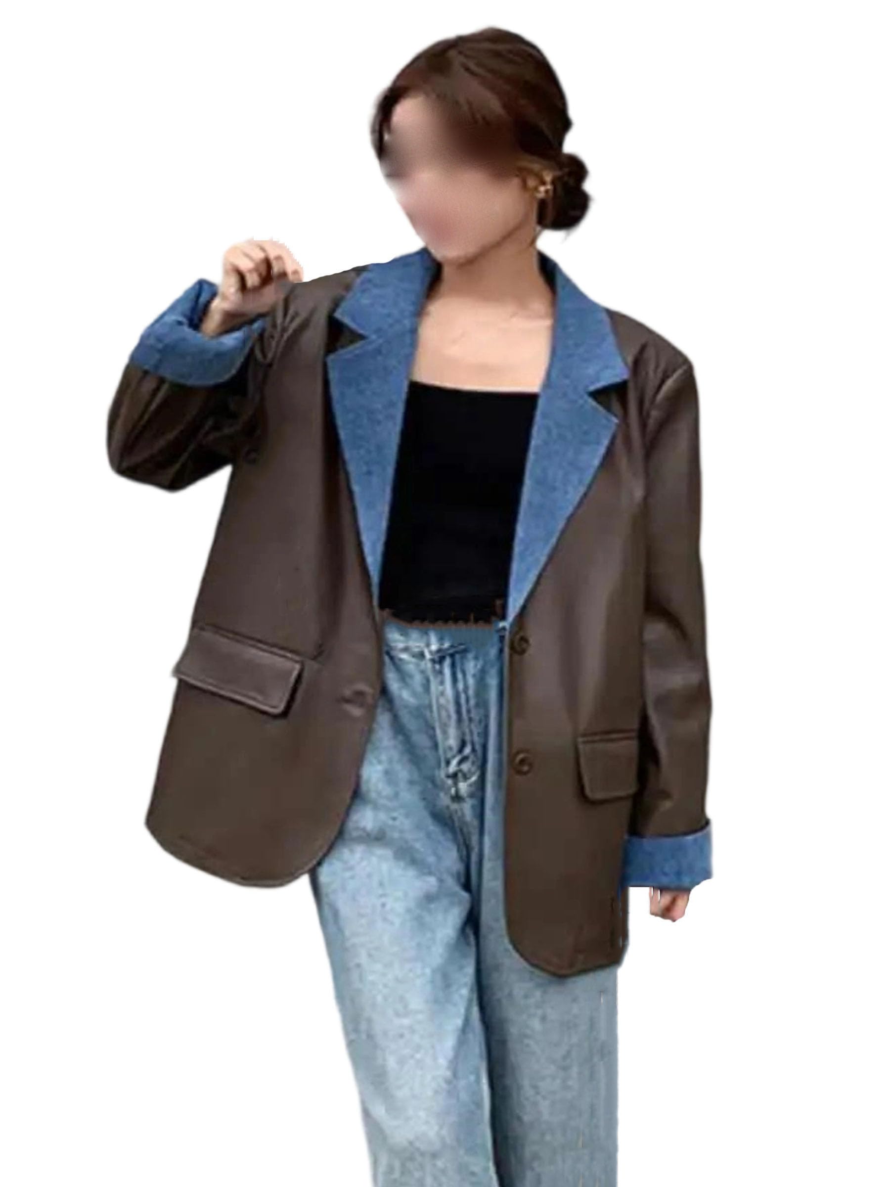 Womens Vintage Denim Leather Patchwork Blazer with Pockets Loose Fit Notched Lapel Business Casual Suit Jacket for Work