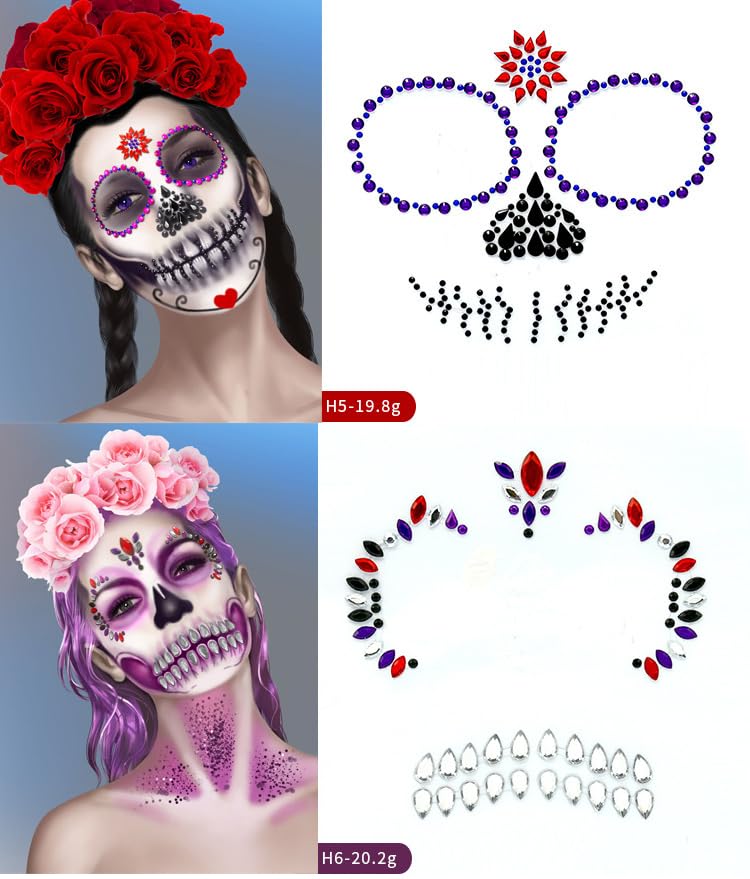 Miniatura 3 de Joyas para Halloween con calavera de azúcar, joyas de cara del día de los muertos, gemas de esqueleto de diamantes de imitación, calcomanías
