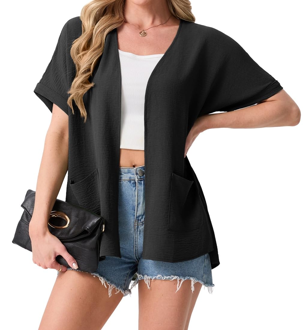 GRECERELLE Women Lightweight Cardigan Summer Short Sleeve Open Front Casual Loose Kimono Cover Ups S-2XL