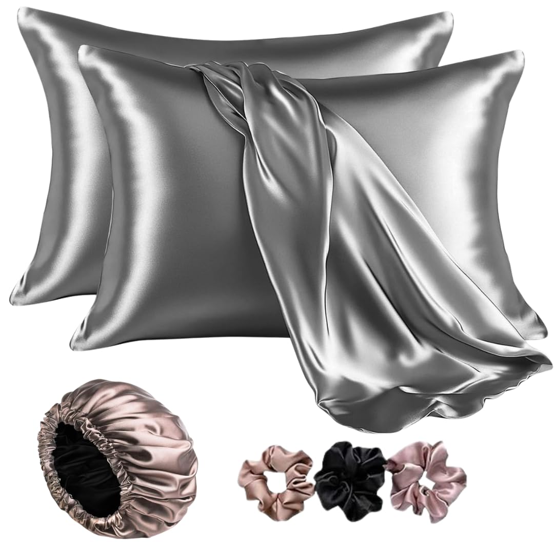 Go well Satin Bonnet for Curly Hair with 2 Silk Satin Pillow Covers and Scrunchies Pack of 3 | Silk Bonnet Hair (Darkgrey)-image-40