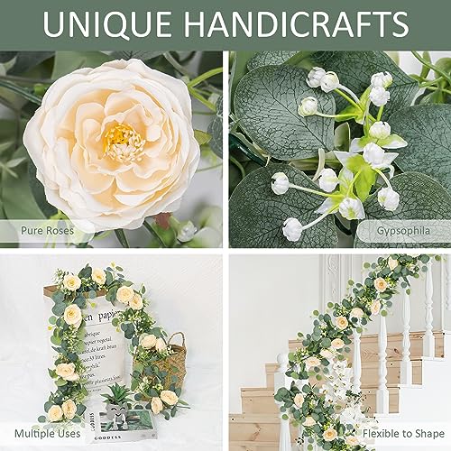 UXORSN 2PCS 12FT Artificial Eucalyptus Flower Garland with Champagne Rose Fake Plants Silk Floral Greenery Garland Faux Gypsophila Ivy Vine for Wedding Decoration Home Party Table Runner Decor - Image 4