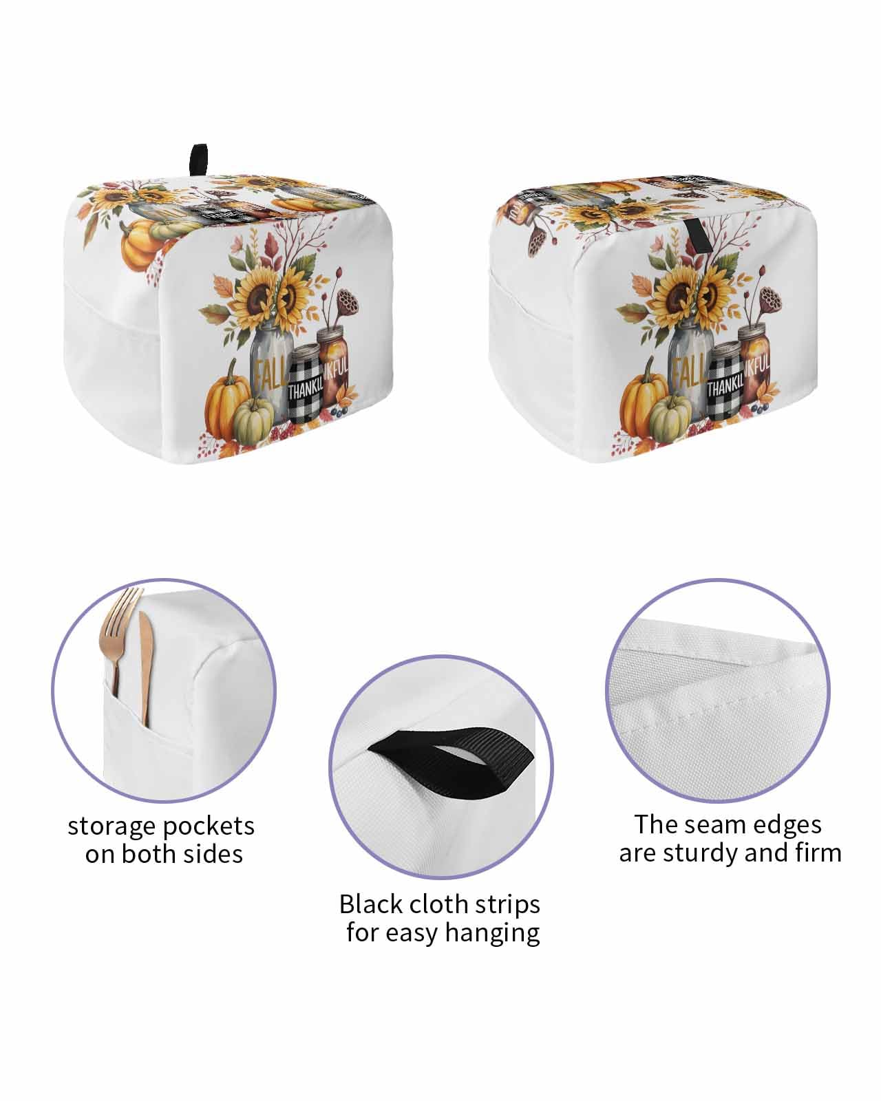 Fall Toaster Cover 2 Slice, Sunflower Pumpkin Leaves Bread Maker Dust Cover with Pockets for Kitchen Small Appliance 11x6x8in