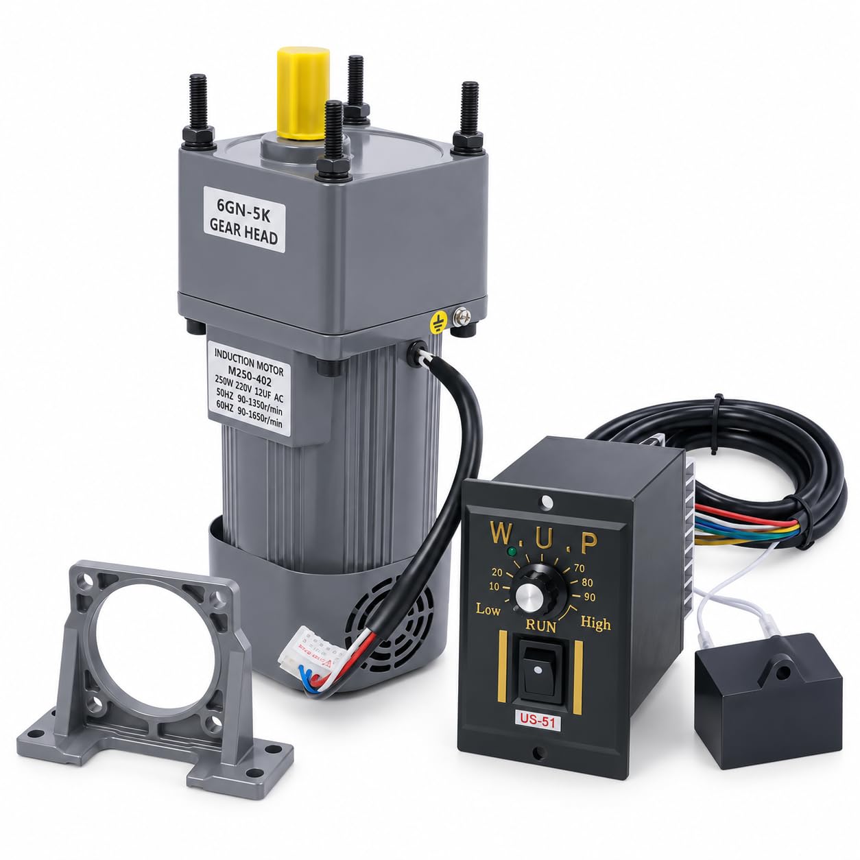 Silnik elektryczny 220 V, regulowany, AC 220 V, 250 W, silnik z regulowaną prędkością, bezstopniowo regulowany silnik z regulatorem skrzyni biegów i uchwytem (5 K)
