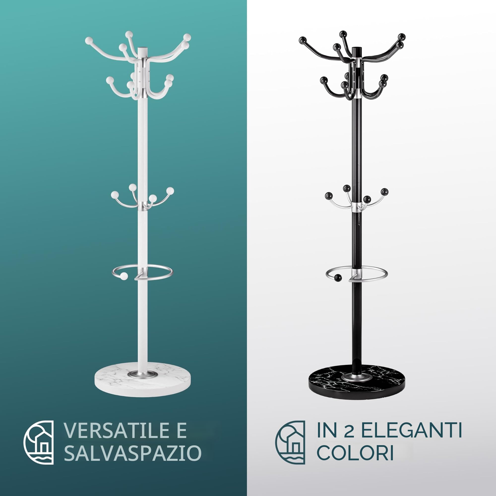 Casaria® Attaccapanni in Metallo con Base 14 Ganci Ruotabile 360° 37x37x175cm Corridoio Ufficio Appendiabiti Bianco