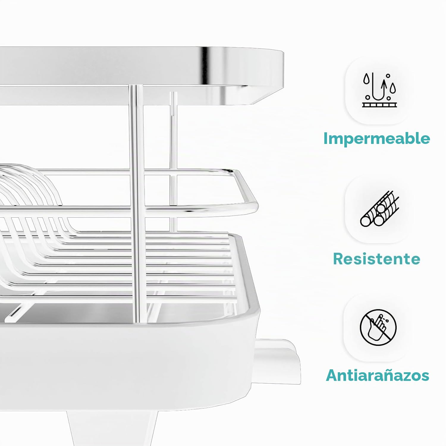 Wintem Escurreplatos de 2 Niveles de Aluminio antioxidante 55,5 x 35 x 27,3 cm Blanco – Incluye portavasos en el Lado del Nivel Superior, Patas Antideslizantes, Accesorios extraíbles y Divisor