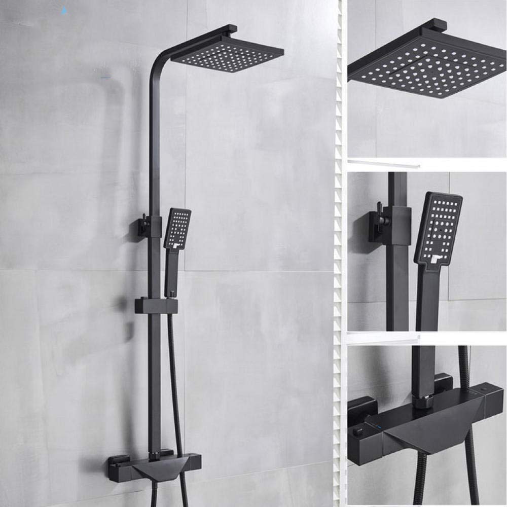 Bateria Natryskowa Termostatyczna, Zestaw Prysznicowy, Podwójny Uchwyt, Deszczownica, Bateria Wannowo-Prysznicowa, Bateria Kolumnowa, Matowa, Czarna, Bateria Termostatyczna