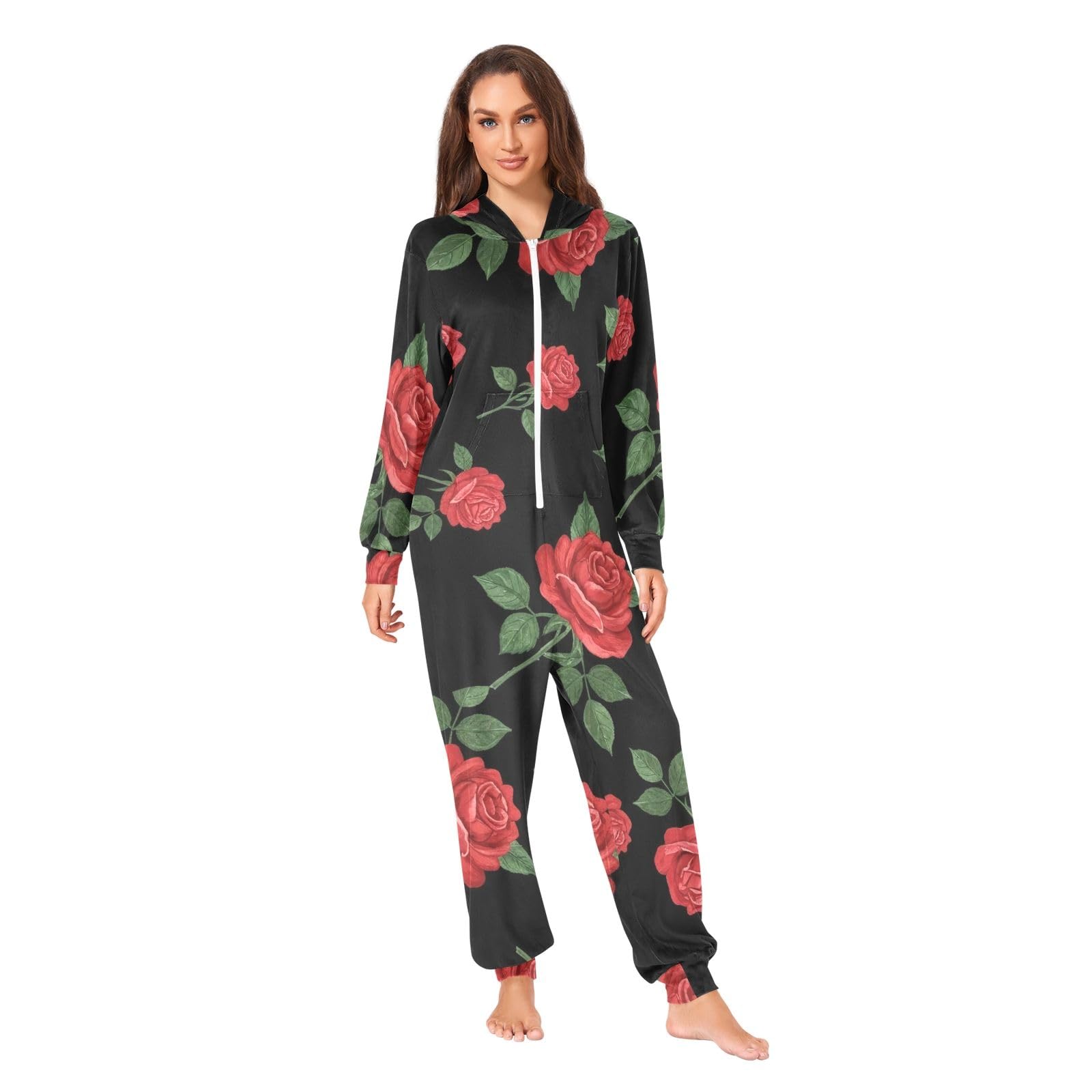 Red Roses Black Adult Onesie Pigiama, Morbido Cristallo Pile Unisex Tuta, Cerniera Frontale Natale Sleepwear