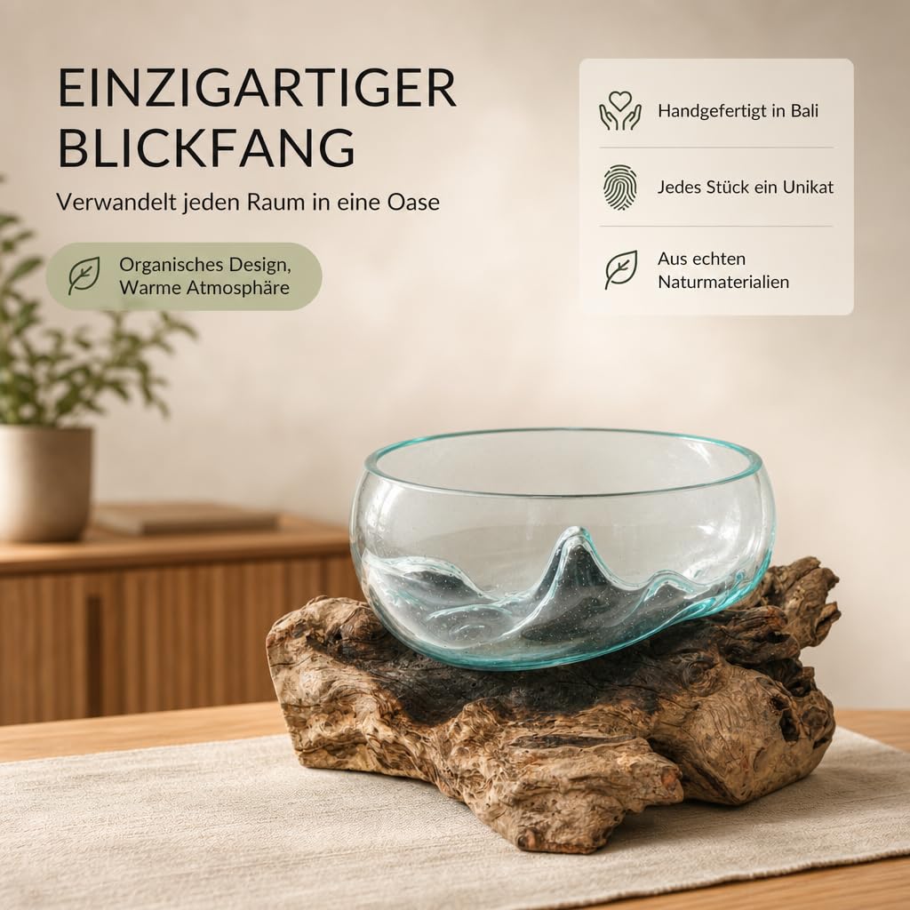 Handgefertigte Deko Glasschale - B-Ware - Unikat Vase auf Wurzelholz - mundgeblasenes Gestaltungselement aus Teakholz - Naturdesign für Tischdeko, Wohnzimmer, Balkon - Ø 18-20 cm Schale L