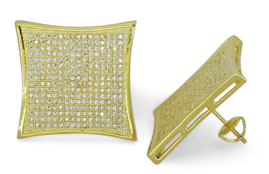 NewAgeBlingMens XL Flat Screen 25mm Gold Plated Micro Pave CZ Hip Hop Screw Back Earrings