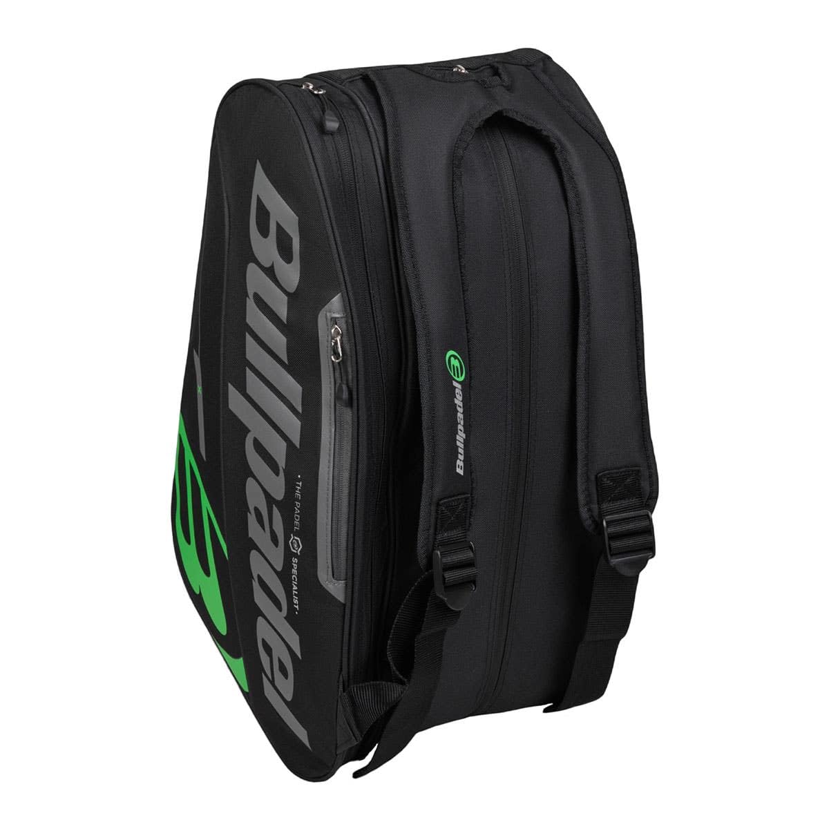 Bullpadel - Sac à raquettes Tour Noir, avec détails verts, compartiments pour raquettes, compartiment pour vêtements ou matériel et poches auxiliaires, poignées rembourrées et poignée pour le