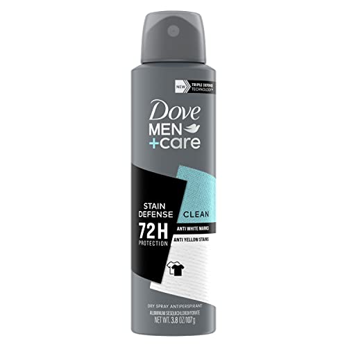 Dove Men+Care Antiperspirant Deodorant Stain Defense Clean Dry Spray For Men Anti-White Marks & Yellow Stains, 72-hour Sweat and Odor Protection with Triple Defense Technology 3.8 oz