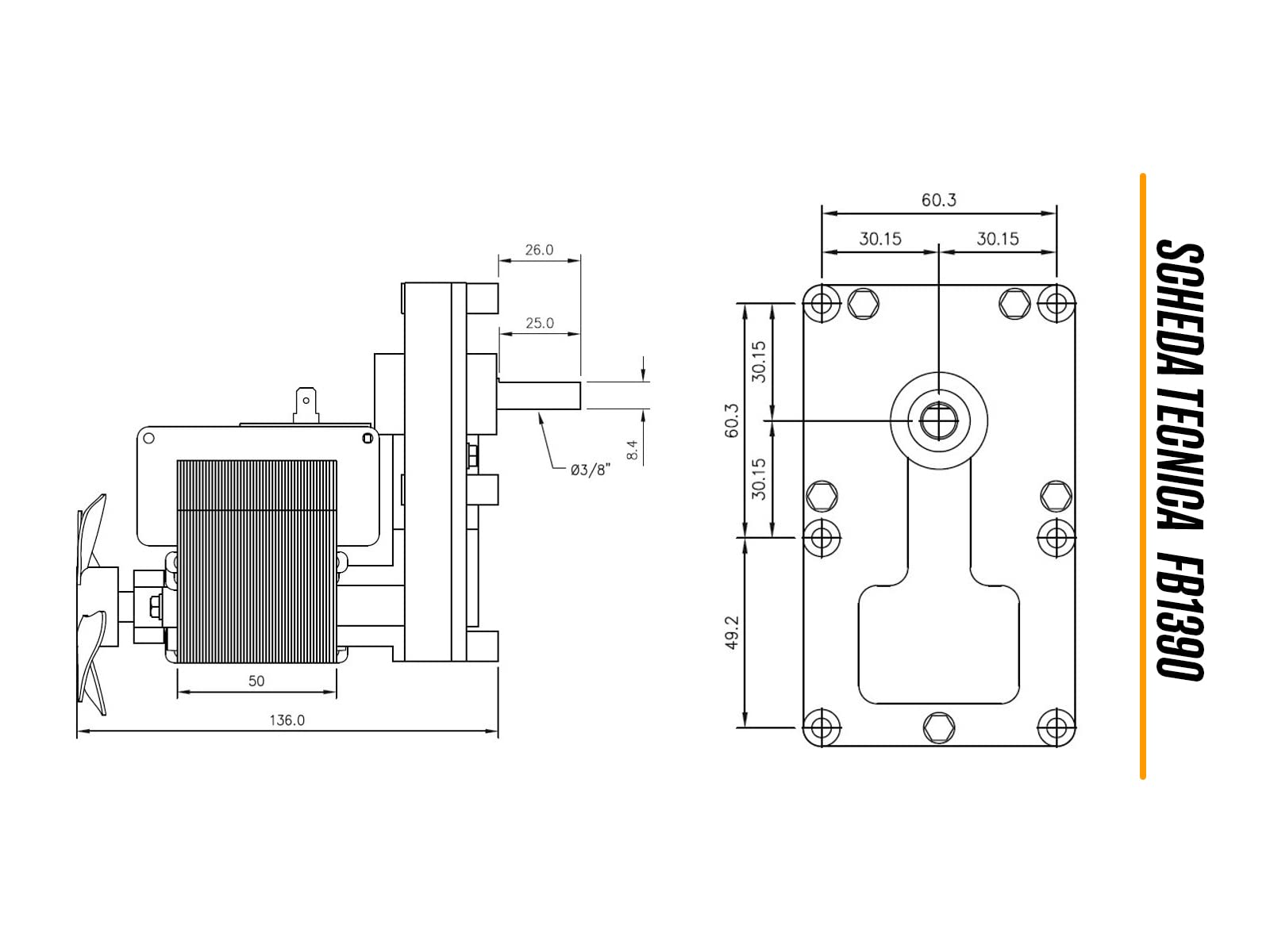 eRicambi, Motoriduttore FB1390 Mellor Serie T3 per Stufe a Pellet, Velocità 25rpm, Pacco Lamellare 50mm, Ø Albero 9,5mm, Senso di Rotazione Oraria, Spianatura Singola