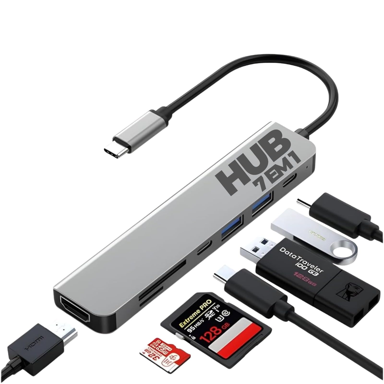 Adaptador Hub USB C 7 em 1, Conversor USB C para HDMI, 2 Portas USB 3.1, 2 Portas de