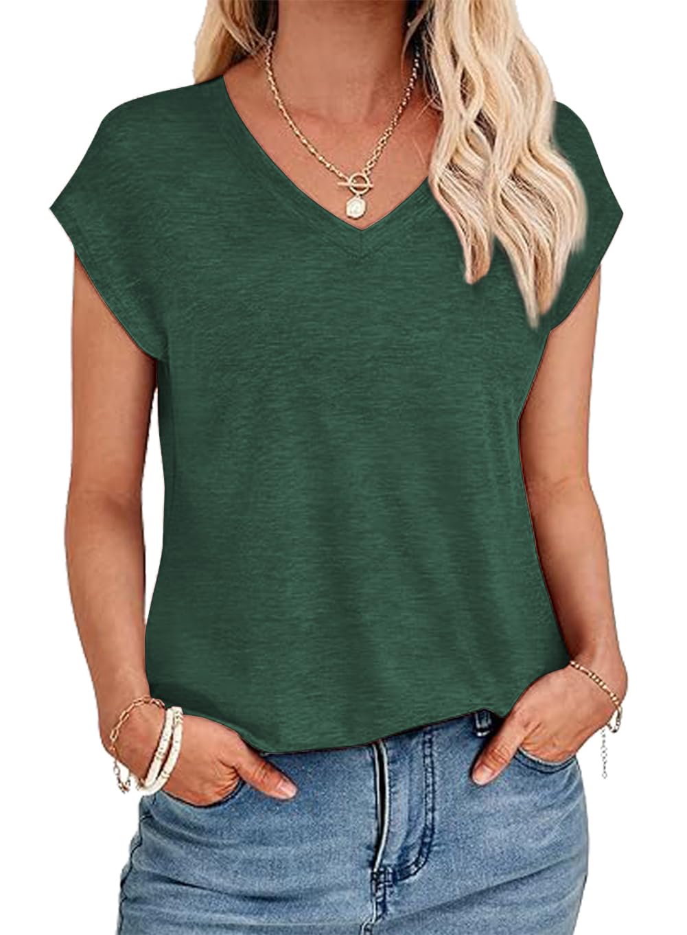 YUTILA Tshirt Damen Sommer Casual Basic Shirt Einfarbig Kurzarm Tee Tops Oberteile V Ausschnitt Locker Lässig T Shirt