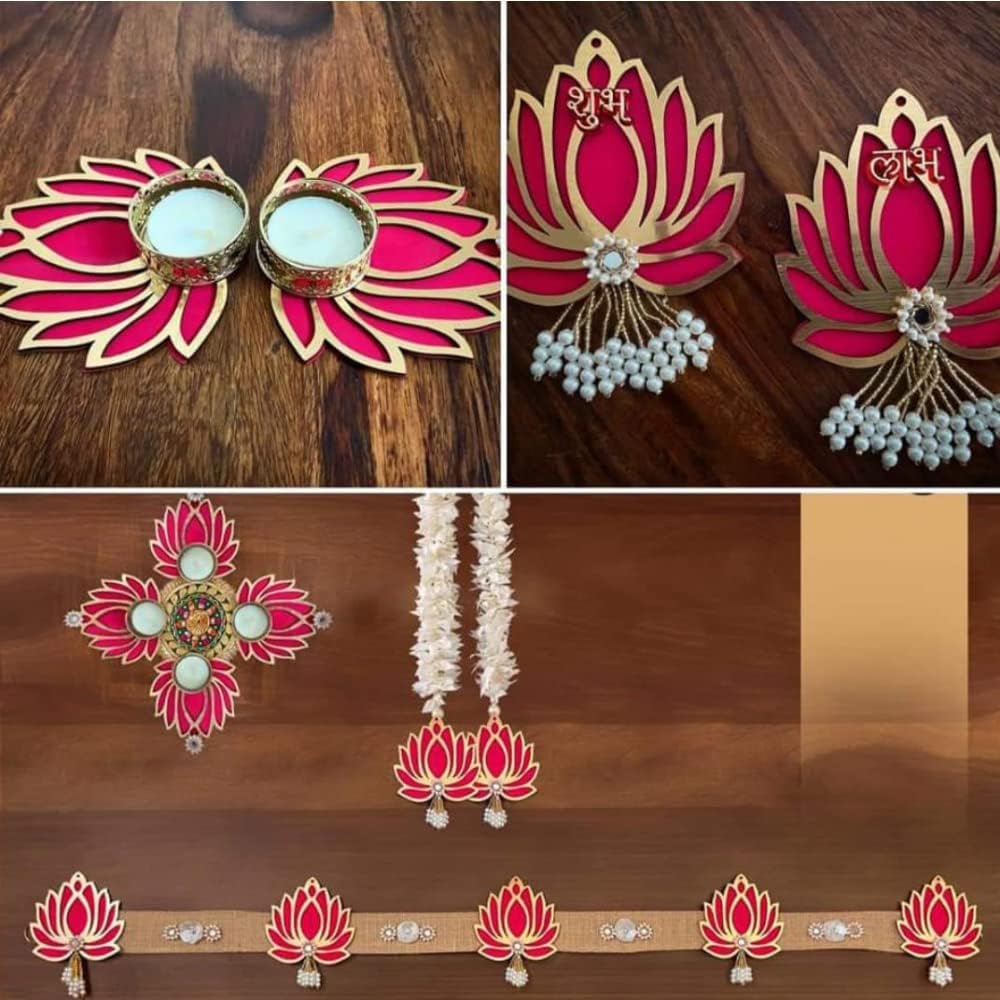 RN Creations Beautiful MDF lotus Combo set for All Festivals - 1 Toran/Bandarwal |1 Pair Of Gajra Hanging | 2 T Light Holder With Wax | 1 Rangoli Made On Canvas | 1 Pair Of Shubh Labh|