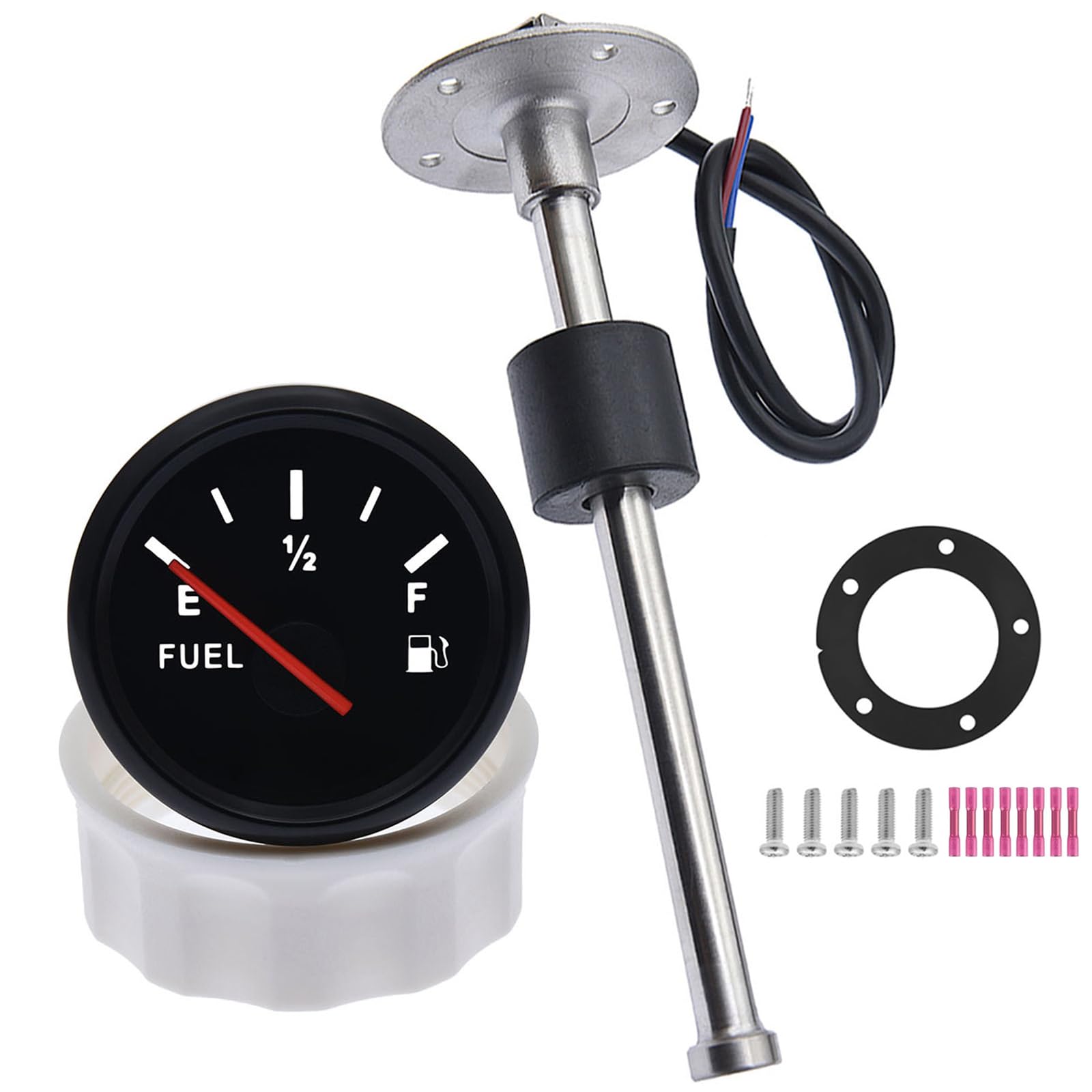 Geloo Fuel Level Gauge With Fuel Level Sensor, 0-190 Ohm Fuel Level Meter Red Backlight and Fuel Water Level Sensor for Car Boat RV Camper (100MM)