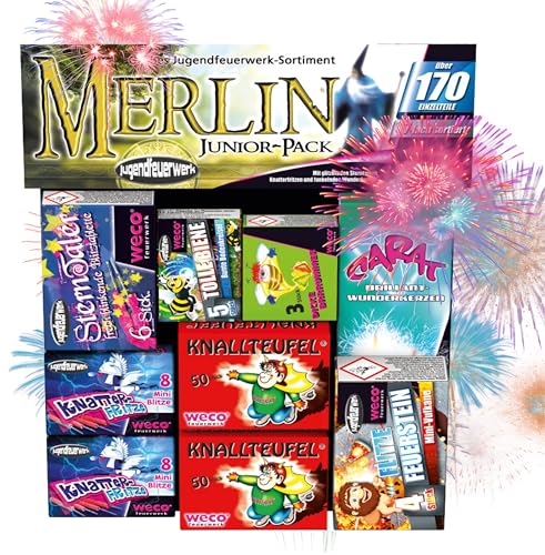 PYROHELD Merlin Kit de fête du Nouvel An 170 pièces avec feux d'artifice pour enfants et adultes – Bougies magiques, pétards, etc.